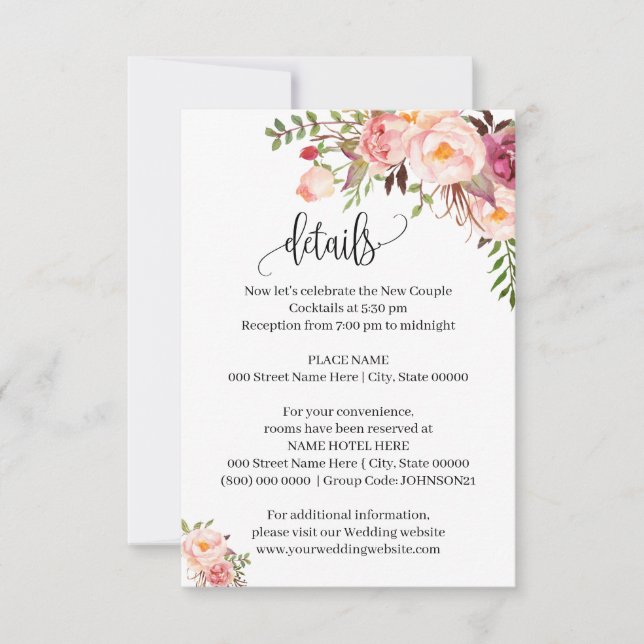 Pink Floral Romantic boho chic insert card (Front)