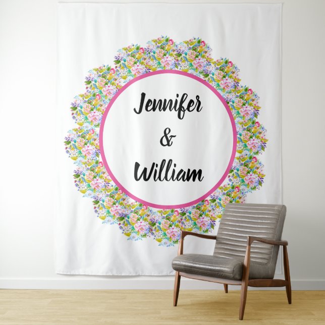 Pink Floral Romantic Wedding Backdrop Tapestry (In Situ)
