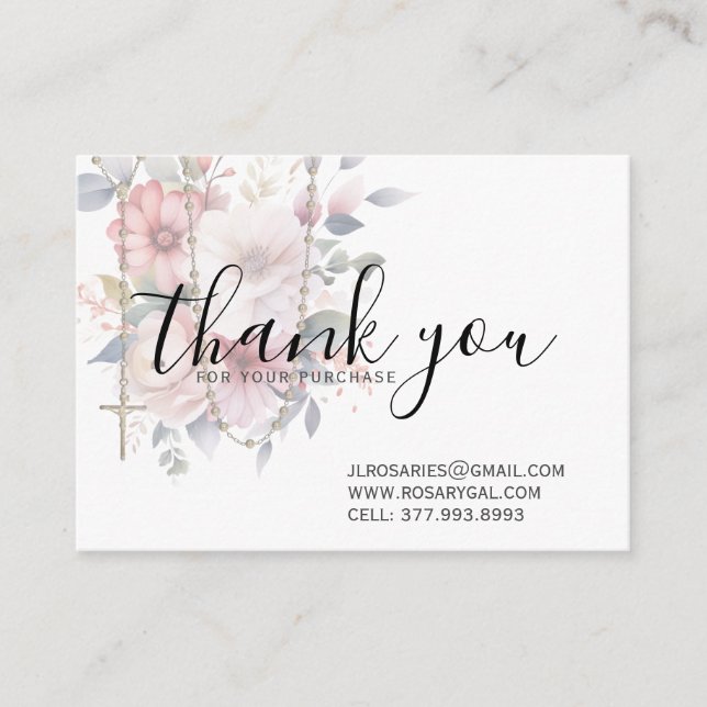 PInk Floral Rosary Catholic Religious Business Card (Front)