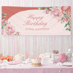 Pink Floral Rose Birthday  Banner