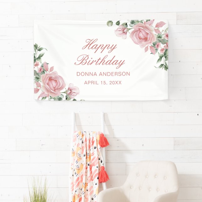 Pink Floral Rose Birthday Party Plate Banner (Insitu)