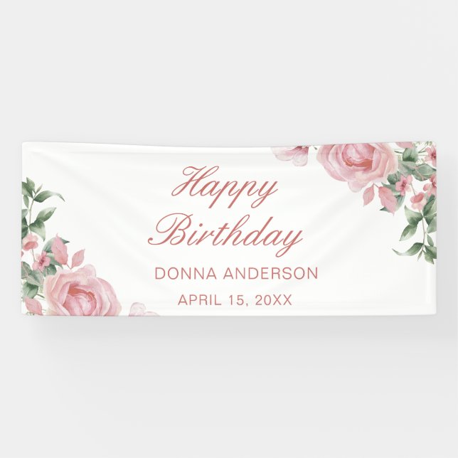 Pink Floral Rose Birthday Party Plate Banner (Horizontal)