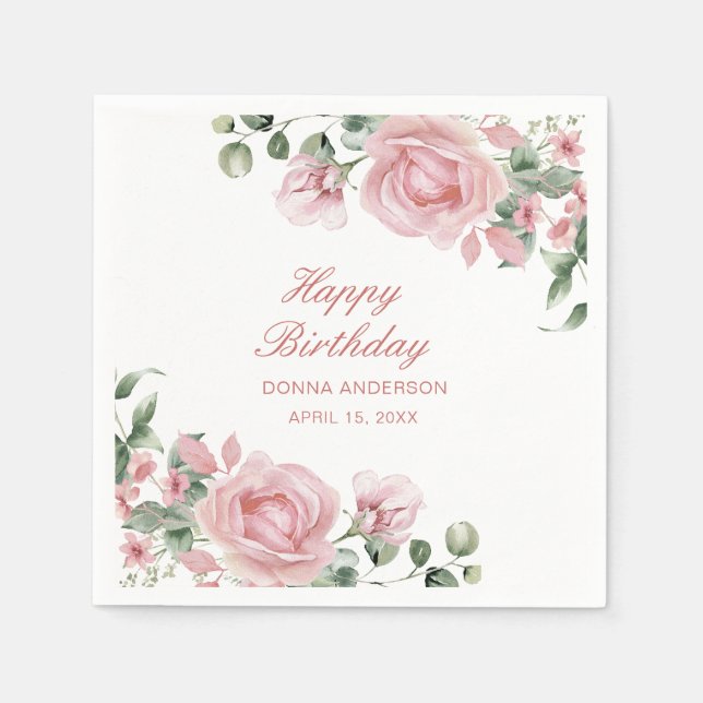 Pink Floral Rose Birthday Party Plate Napkin (Front)