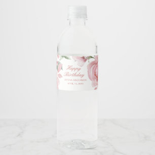 Pink Floral Rose Birthday Party Plate Water Bottle Label
