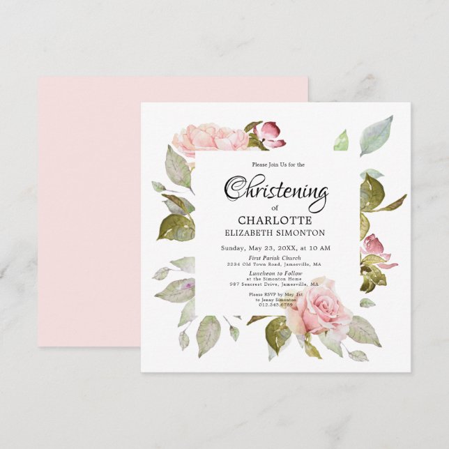 Pink Floral Rose Botanical Square Christening Invitation (Front/Back)