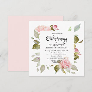 Pink Floral Rose Botanical Square Christening Invitation