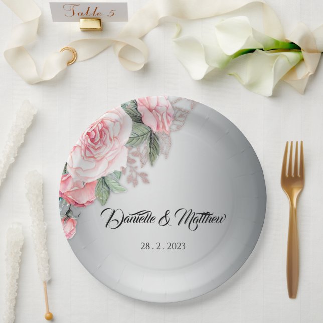 Pink Floral Rose Bouquet and Silver Wedding Paper Plate (Wedding)