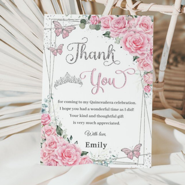 Pink Floral Rose Butterflies Sweet 16 Quinceañera  Thank You Card (Creator Uploaded)