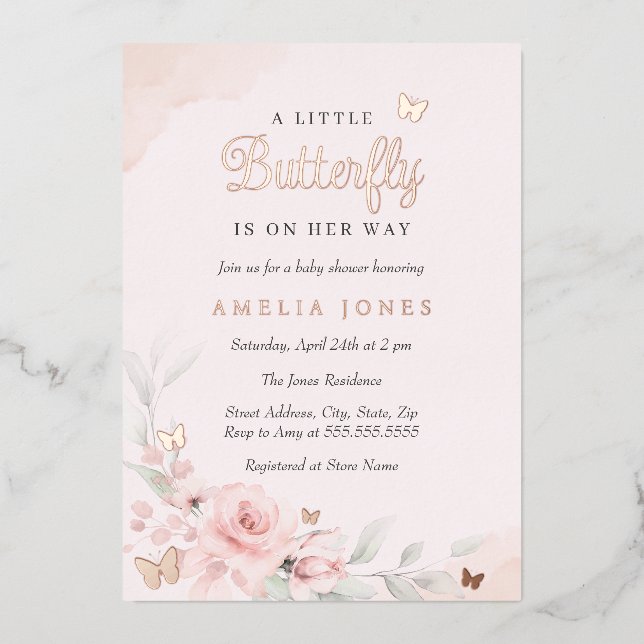 Pink Floral Rose Butterfly Baby Shower  (Front)