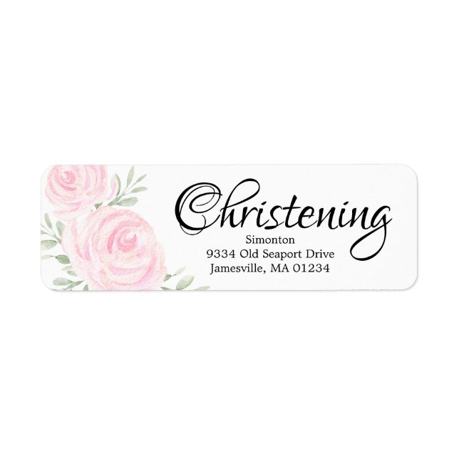 Pink Floral Rose Christening Return Address Labels (Front)