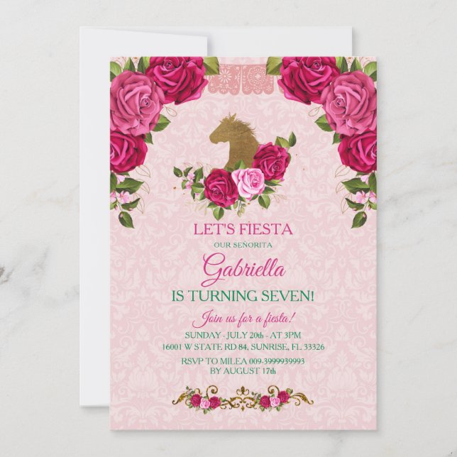 Pink Floral Rose Girl is Turning Seven Birthday Invitation (Front)