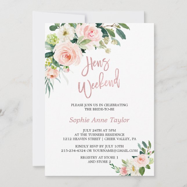 Pink Floral Rose Gold Bachelorette Weekend Party Invitation (Front)