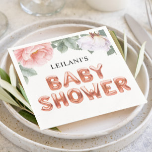 Pink Floral Rose Gold Balloon Baby Shower Napkin
