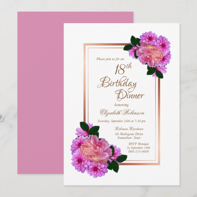 Pink Floral Rose Gold Border 18th Birthday Dinner Invitation (Front/Back)