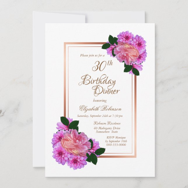 Pink Floral Rose Gold Border 30th Birthday Dinner Invitation (Front)