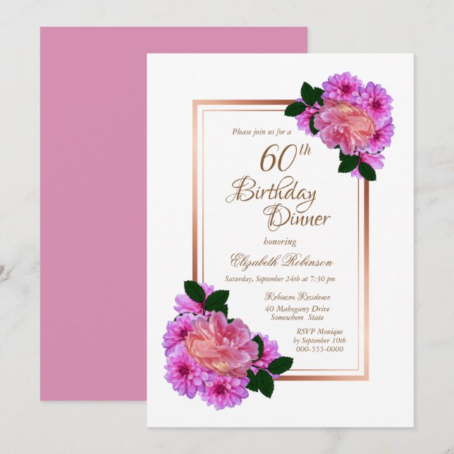 Pink Floral Rose Gold Border 60th Birthday Dinner Invitation (Front/Back)