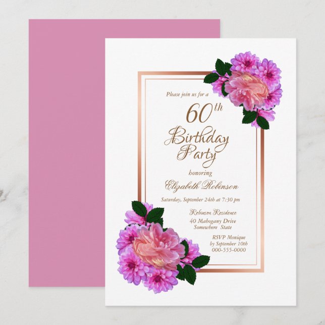 Pink Floral Rose Gold Border 60th Birthday Party Invitation (Front/Back)