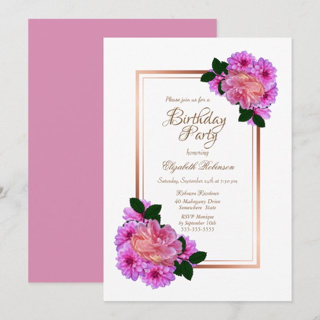 Pink Floral Rose Gold Border Birthday Party Invitation (Front/Back)