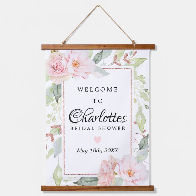 Pink Floral Rose Gold Bridal Shower Welcome Sign Hanging Tapestry (Front)