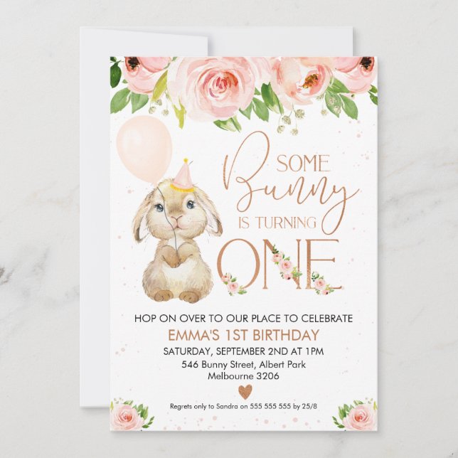 Pink Floral Rose Gold Bunny 1st Birthday Invitation (Front)