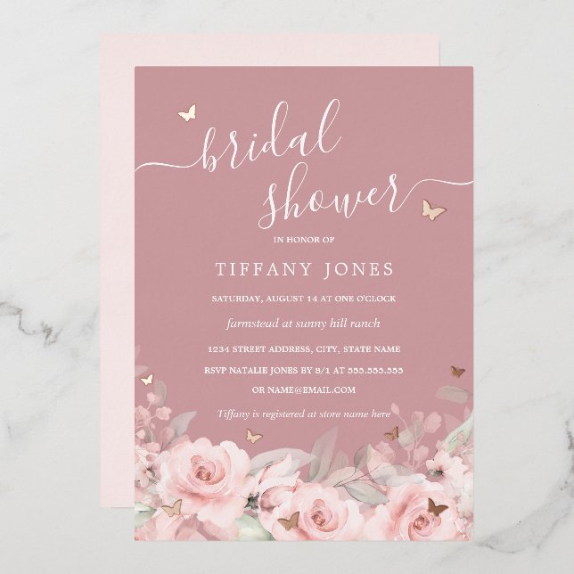 Pink Floral Rose Gold Butterfly Bridal Shower  (Front/Back)