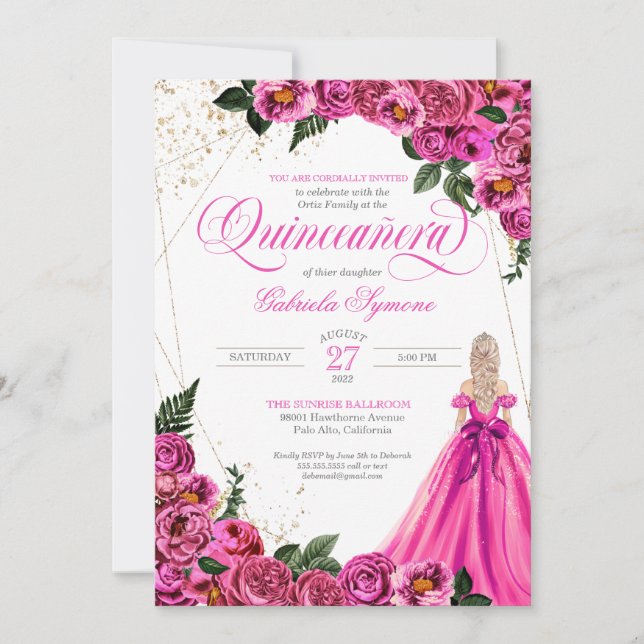 Pink Floral Rose & Gold Elegant Gown Quinceañera I Invitation (Front)