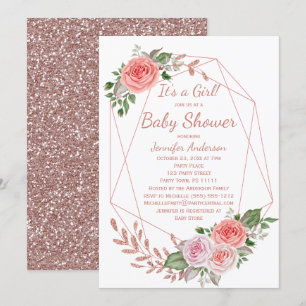 Pink Floral Rose Gold Girl Baby Shower Invitation