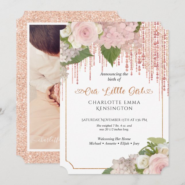 Pink Floral Rose Gold Glitter Baby Girl Sprinkle Invitation (Front/Back)