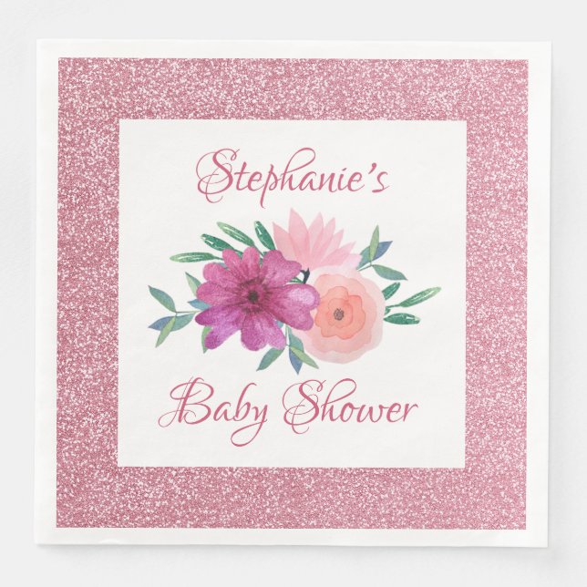 Pink Floral Rose Gold Glitter Baby Shower Napkin (Front)