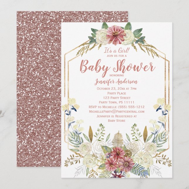 Pink Floral Rose Gold Glitter Girl Baby Shower Invitation (Front/Back)