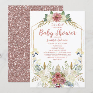 Pink Floral Rose Gold Glitter Girl Baby Shower Invitation