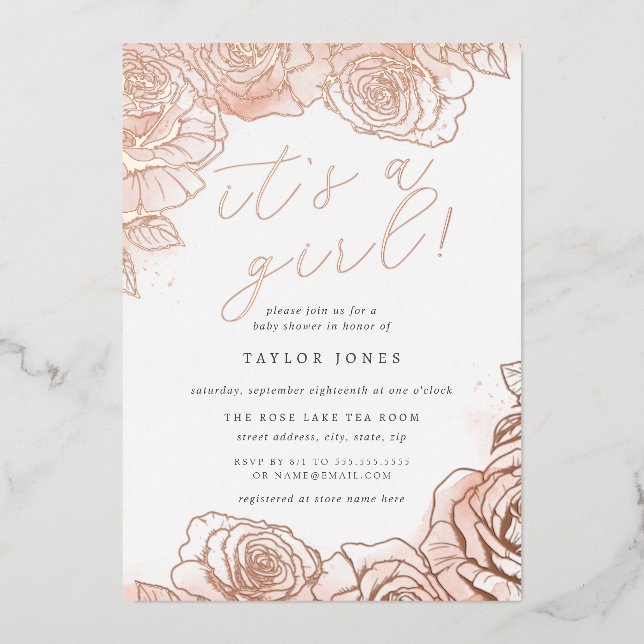 Pink Floral Rose Gold It's a Girl Baby Shower  (Front)