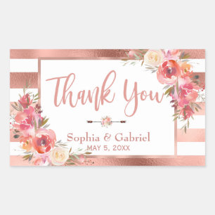 Pink Floral   Rose Gold Stripes Wedding Thank You Rectangular Sticker