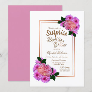 Pink Floral Rose Gold Surprise Birthday Dinner Invitation