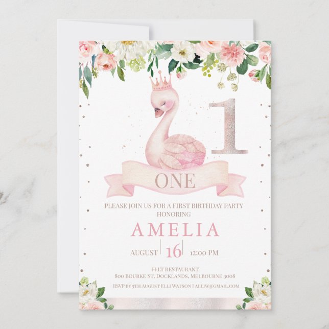 Pink Floral Rose Gold Swan 1st Birthday Invitation (Front)