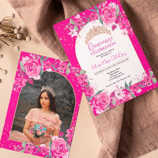 Pink floral Rose gold tiara princess Quinceanera Invitation (Creator Uploaded)