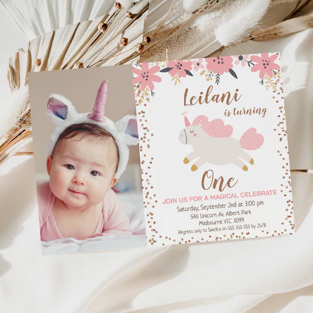 Pink Floral Rose Gold Unicorn 1st Birthday Invitation | Zazzle