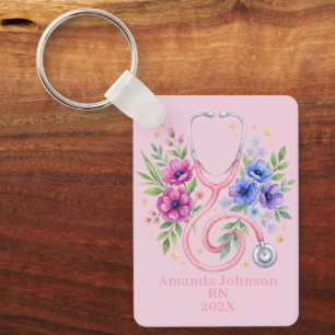 Pink Floral Rose Graduation Key Ring