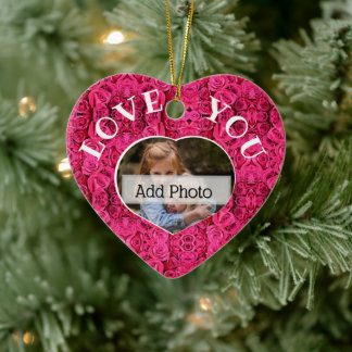 Pink Floral Rose Love You Heart Photo frame Ceramic Tree Decoration