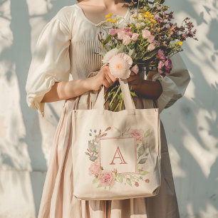 Pink Floral Rose Monogram Tote Bag