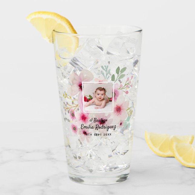 Pink Floral Rose PHOTO BAUTIZO Baptism Girls Named Glass (Front Ice)