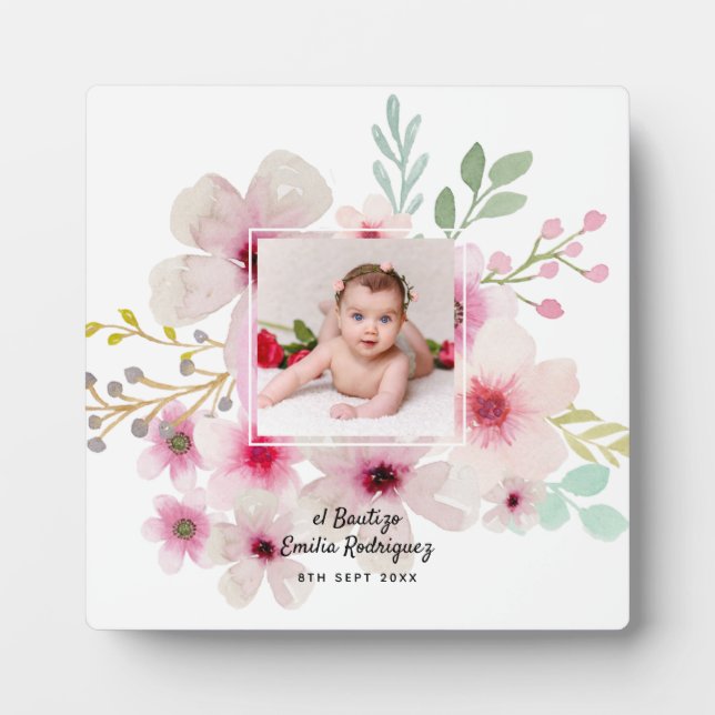 Pink Floral Rose PHOTO BAUTIZO Baptism Girls Named Plaque (Front)