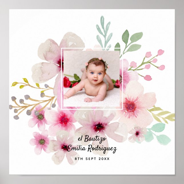 Pink Floral Rose PHOTO BAUTIZO Baptism Girls Named Poster (Front)