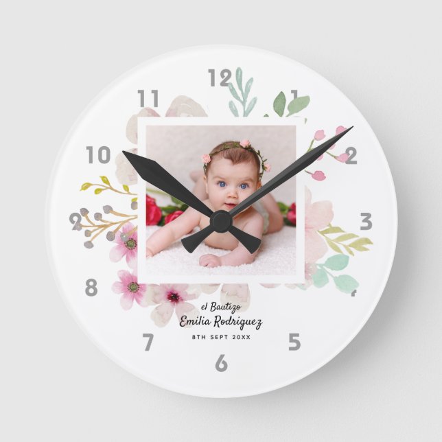 Pink Floral Rose PHOTO BAUTIZO Baptism Girls Named Round Clock (Front)