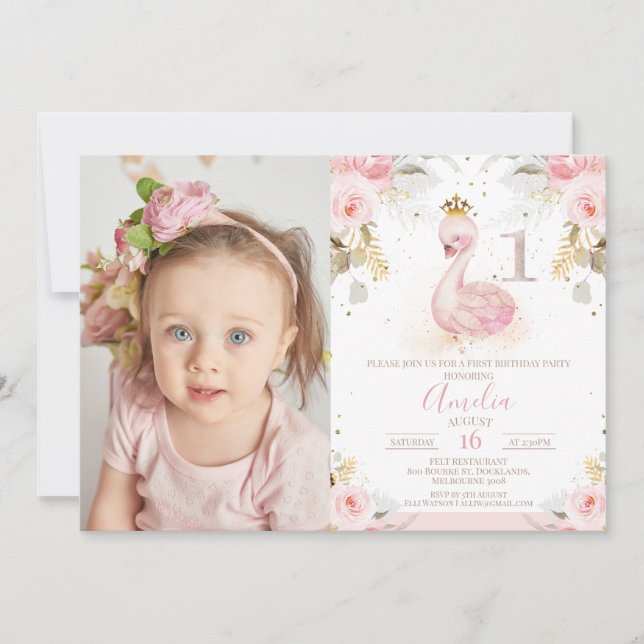 Pink Floral Rose Photo Princess Swan 1st Birthday Invitation (Front)