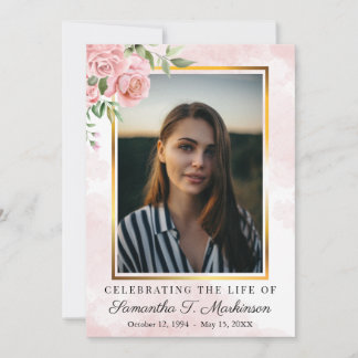 Pink Floral Rose Photo Watercolor Order of Service Invitation