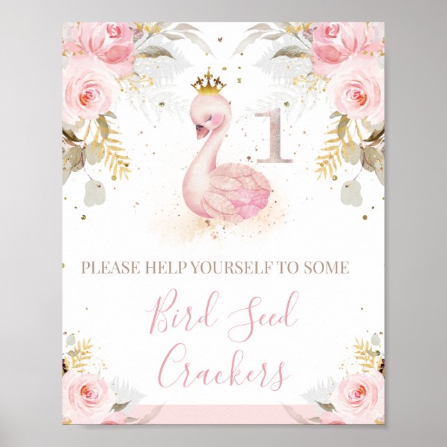 Pink Floral Rose Princess Swan 1st Birthday Sign (Front)