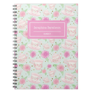 Pink Floral Rose Tea Pattern Personalised Notebook