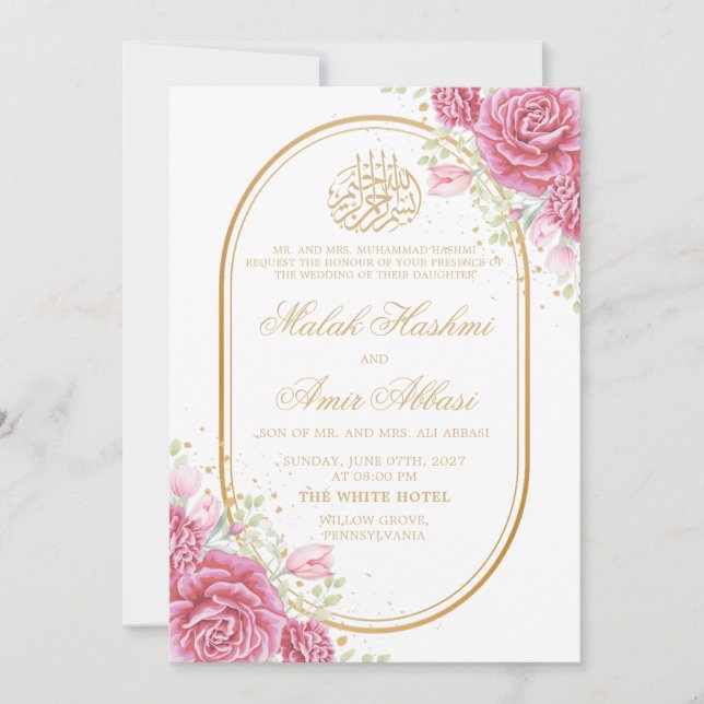 Pink Floral & Rose White Islamic Muslim wedding Invitation (Front)