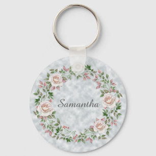 Pink Floral Rose Wreath and Leaves on Light Blue Key Ring